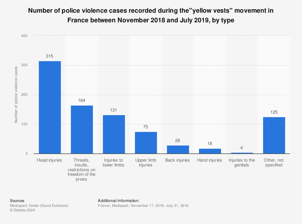 Statistic: Number of police violence cases recorded during the"yellow vests" movement in France between November 2018 and July 2019, by type | Statista
