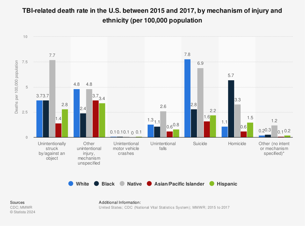Statistic: TBI-related death rate in the U.S. between 2015 and 2017, by mechanism of injury and ethnicity (per 100,000 population | Statista
