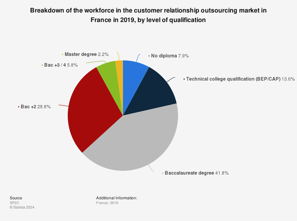 Statistic: Breakdown of the workforce in the customer relationship outsourcing market in France in 2019, by level of qualification | Statista