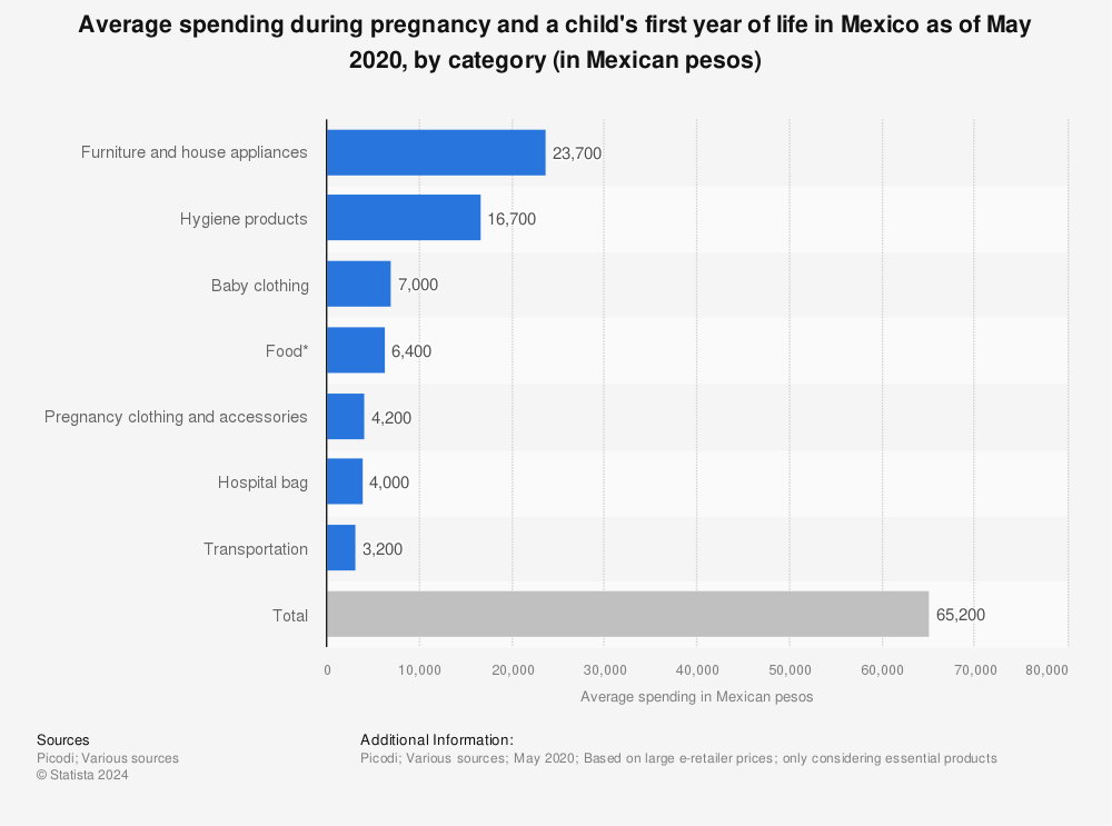 Statistic: Average spending during pregnancy and a child's first year of life in Mexico as of May 2020, by category (in Mexican pesos) | Statista