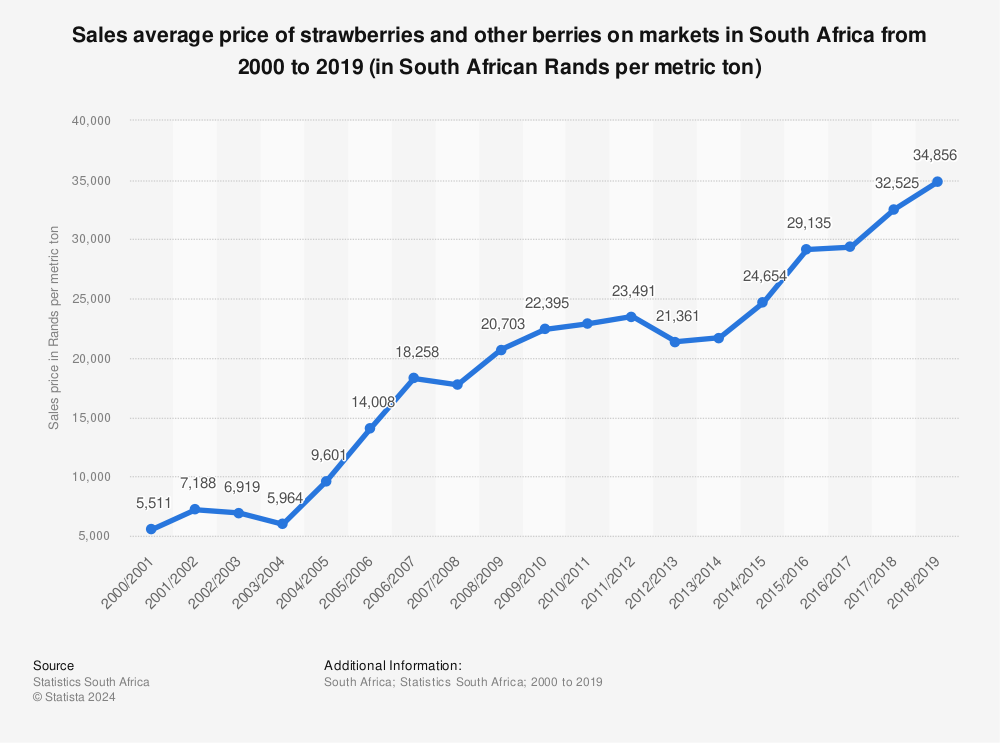 Statistic: Sales average price of strawberries and other berries on markets in South Africa from 2000 to 2019 (in South African Rands per metric ton) | Statista