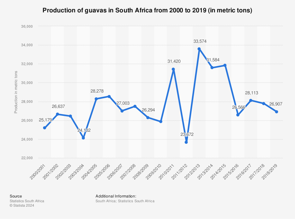 Statistic: Production of guavas in South Africa from 2000 to 2019 (in metric tons) | Statista
