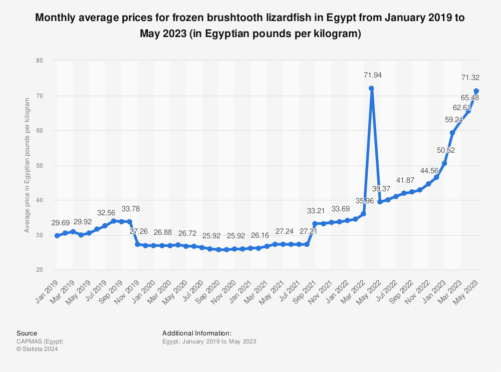 Statistic: Monthly average prices for frozen brushtooth lizardfish in Egypt from January 2019 to May 2023 (in Egyptian pounds per kilogram) | Statista