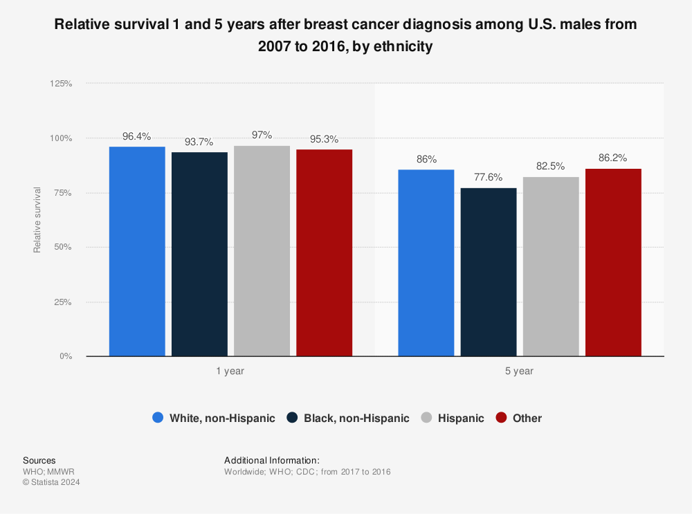 Statistic: Relative survival 1 and 5 years after breast cancer diagnosis among U.S. males from 2007 to 2016, by ethnicity | Statista