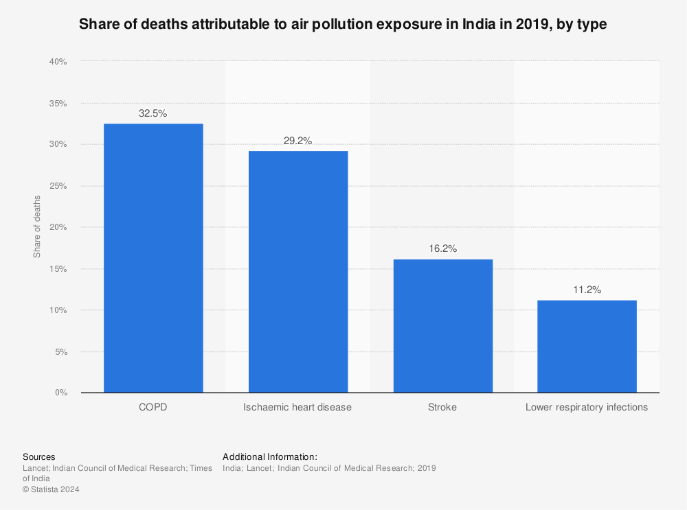 Statistic: Share of deaths attributable to air pollution exposure in India in 2019, by type | Statista
