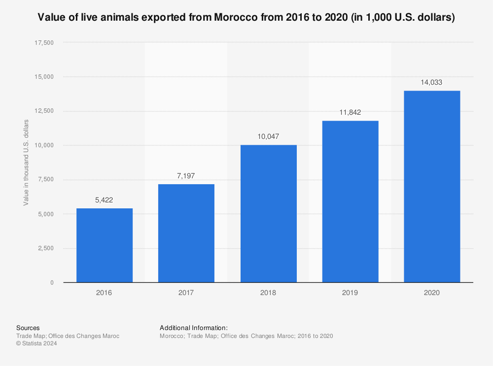 Statistic: Value of live animals exported from Morocco from 2016 to 2020 (in 1,000 U.S. dollars) | Statista