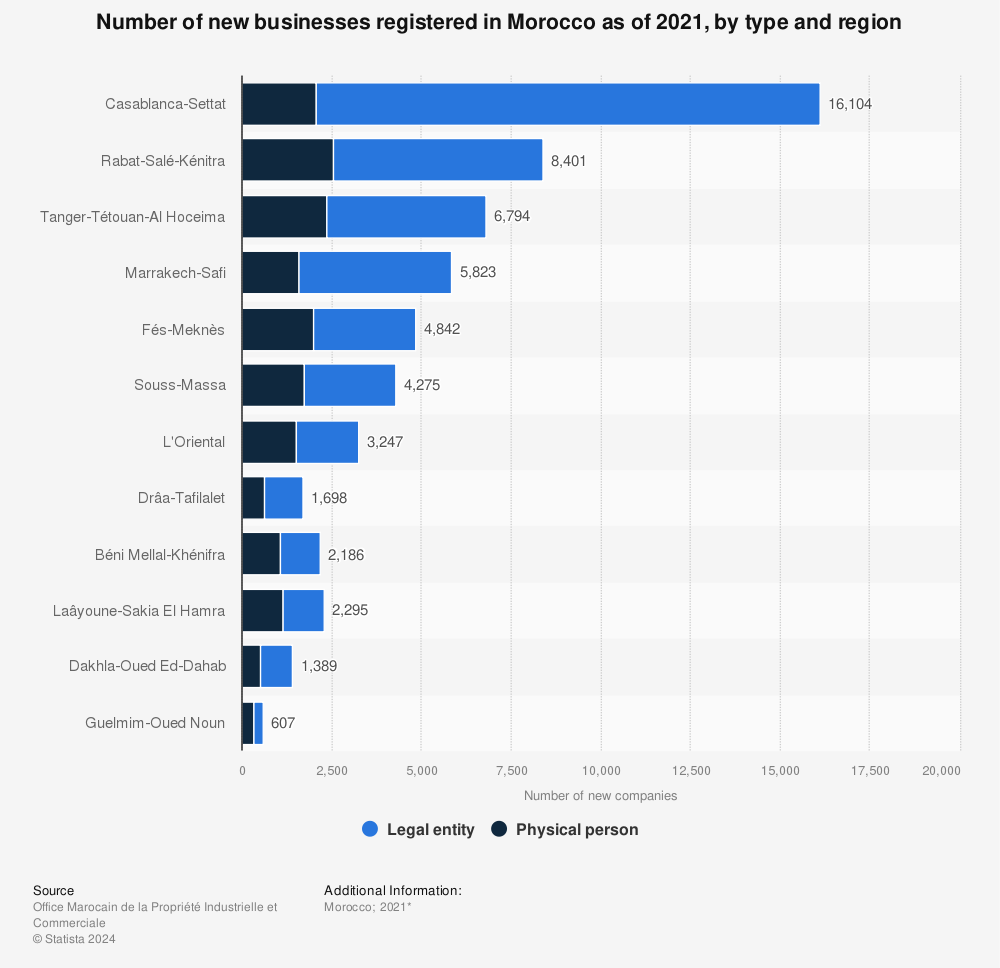 Statistic: Number of new businesses registered in Morocco as of 2021, by type and region | Statista