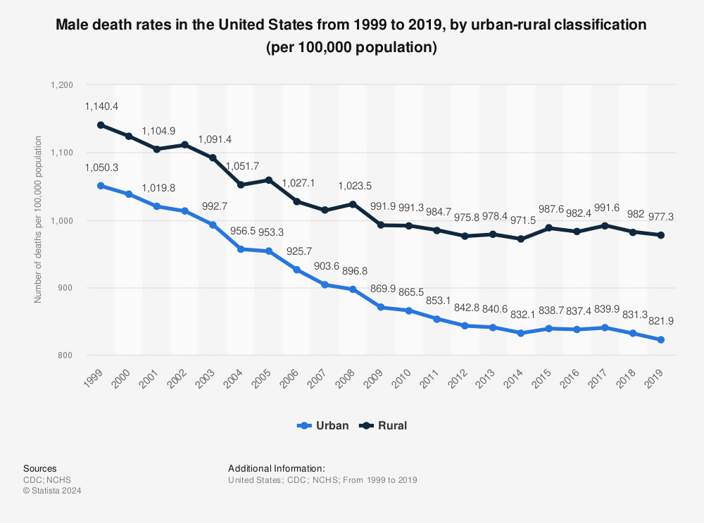 Statistic: Male death rates in the United States from 1999 to 2019, by urban-rural classification (per 100,000 population)  | Statista