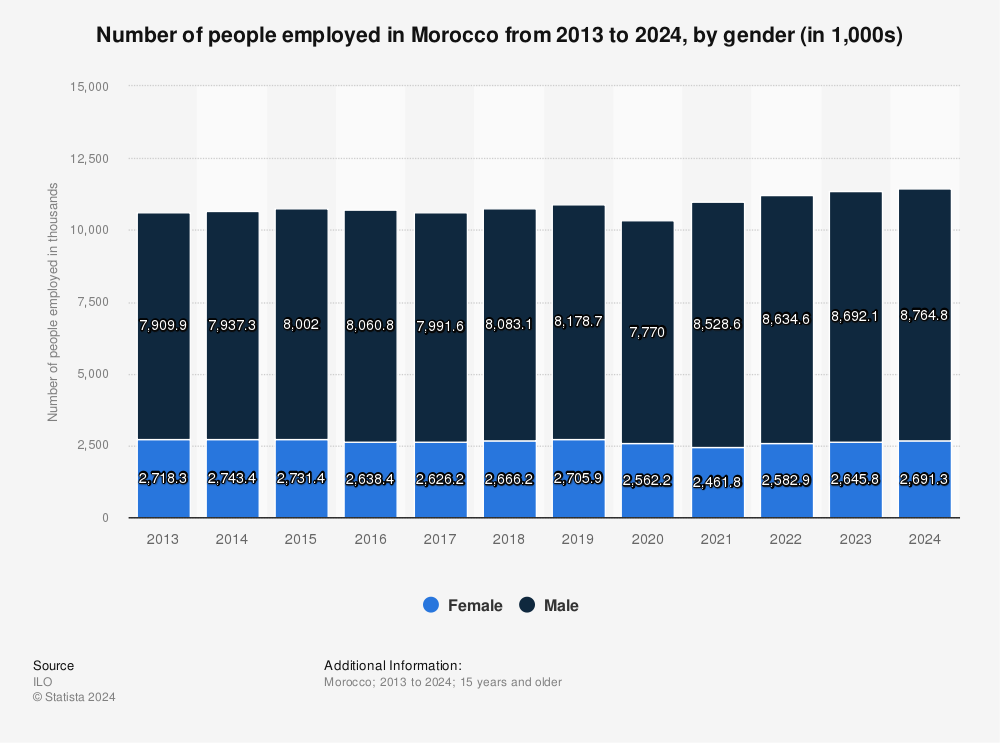 Statistic: Number of people employed in Morocco from 2013 to 2024, by gender (in 1,000s) | Statista