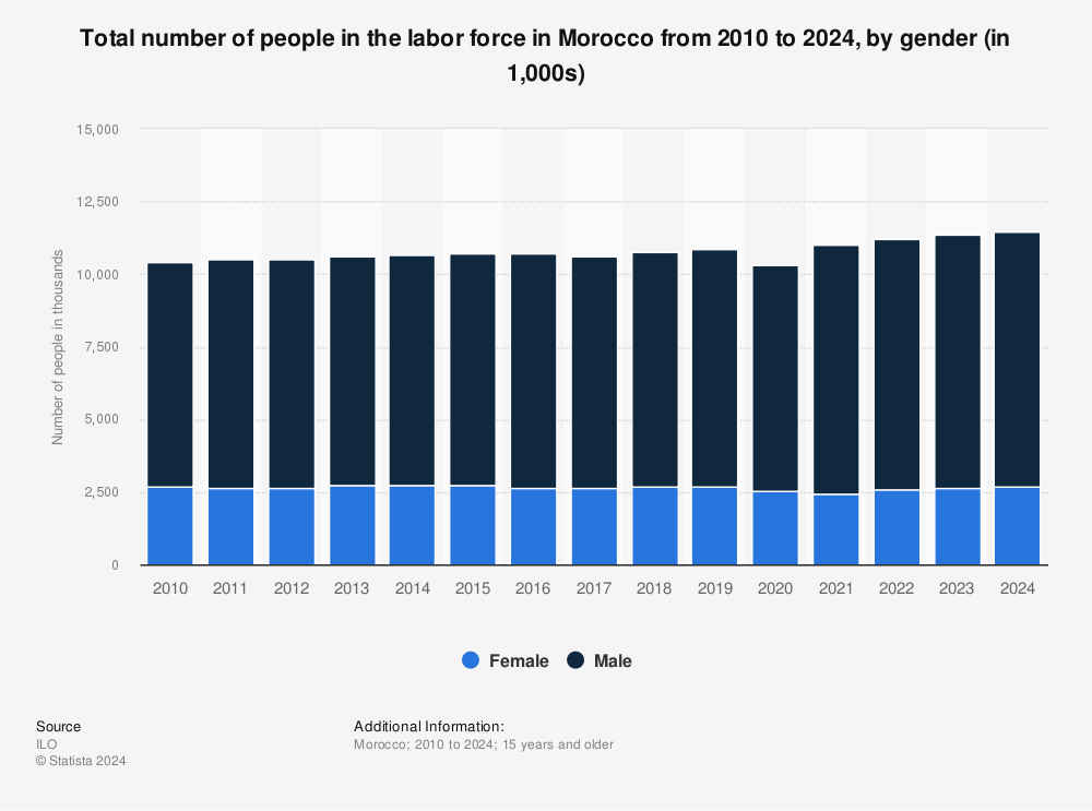 Statistic: Total number of people in the labor force in Morocco from 2010 to 2024, by gender (in 1,000s) | Statista