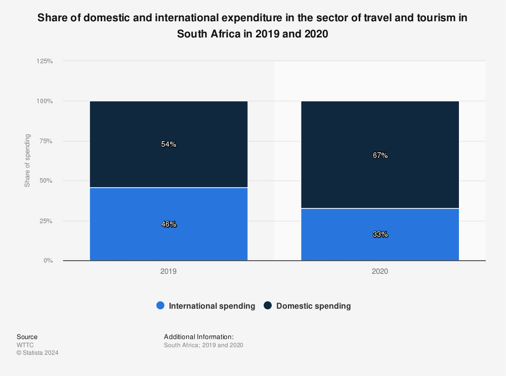 Statistic: Share of domestic and international expenditure in the sector of travel and tourism in South Africa in 2019 and 2020 | Statista