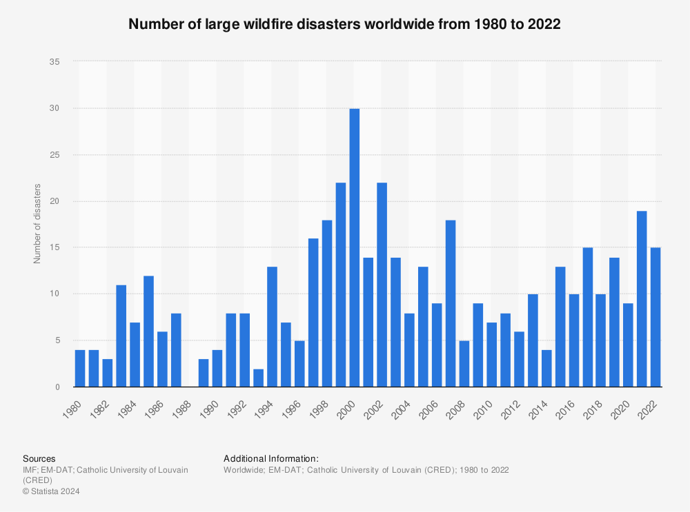 Statistic: Number of large wildfire disasters worldwide from 1980 to 2021 | Statista