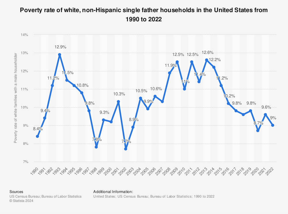 Statistic: Poverty rate of white, non-Hispanic single father households in the United States from 1990 to 2020 | Statista