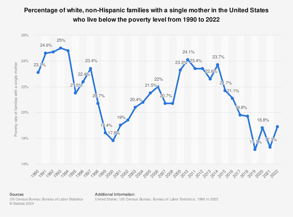 Statistic: Percentage of white, non-Hispanic families with a single mother in the U.S. who live below the poverty level from 1990 to 2020 | Statista