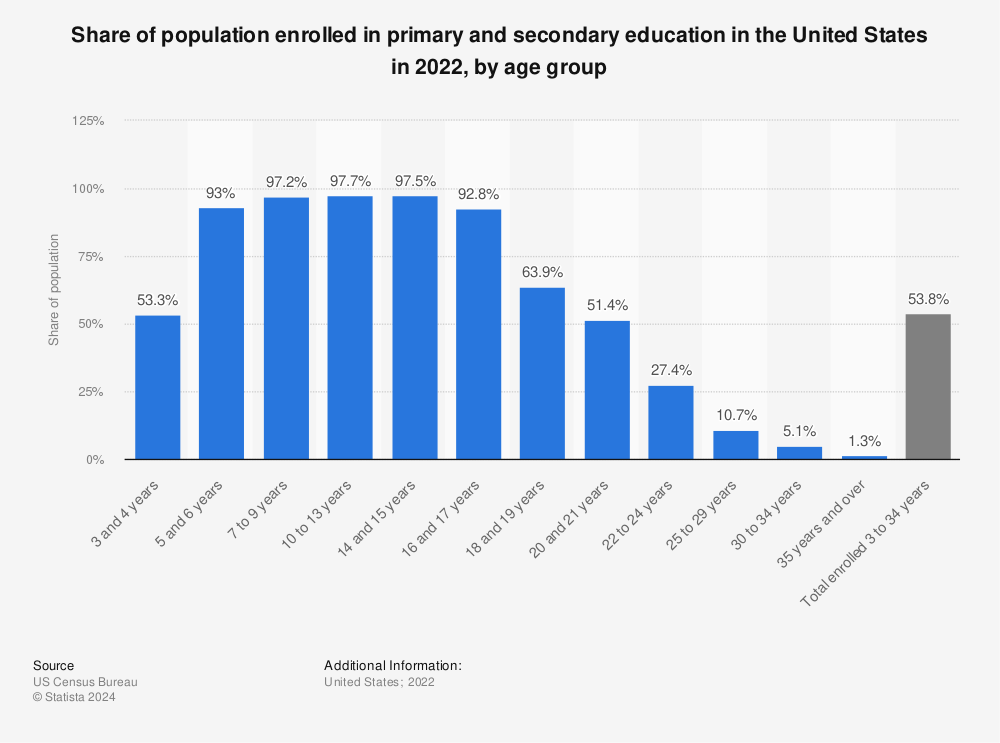 Statistic: Share of population enrolled in primary and secondary education in the United States in 2020, by age group | Statista