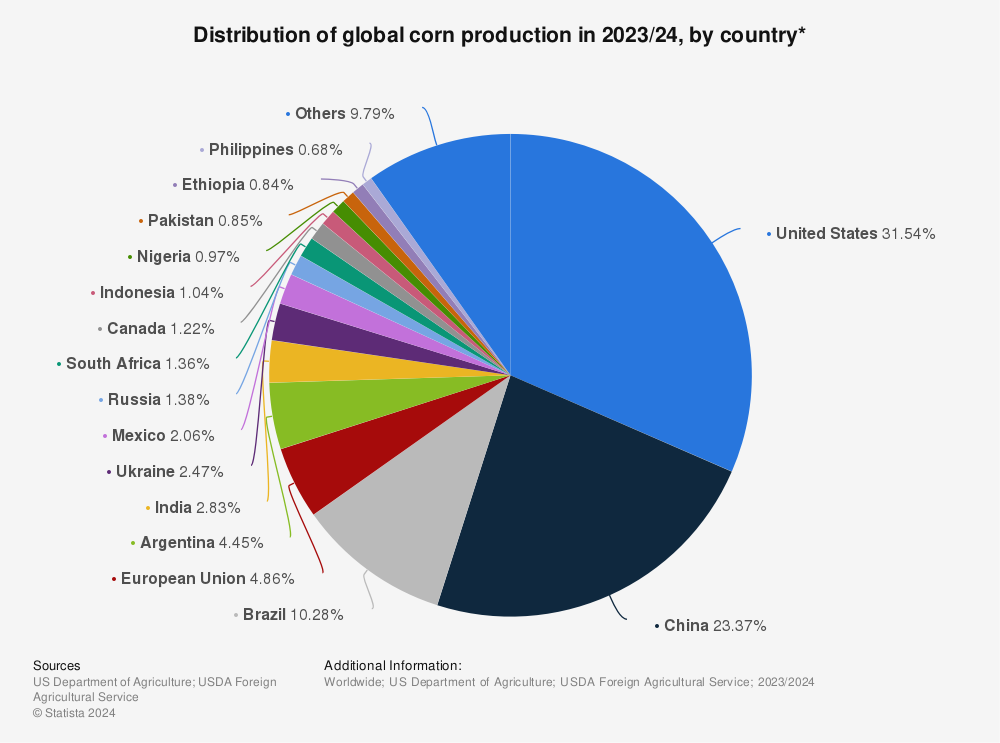 Statistic: Distribution of global corn production in 2021/2022, by country* | Statista