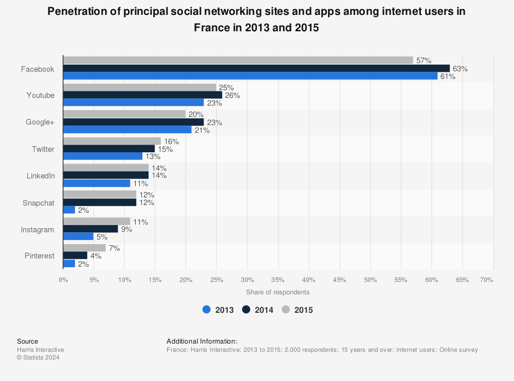 Statistic: Penetration of principal social networking sites and apps among internet users in France in 2013 and 2015 | Statista