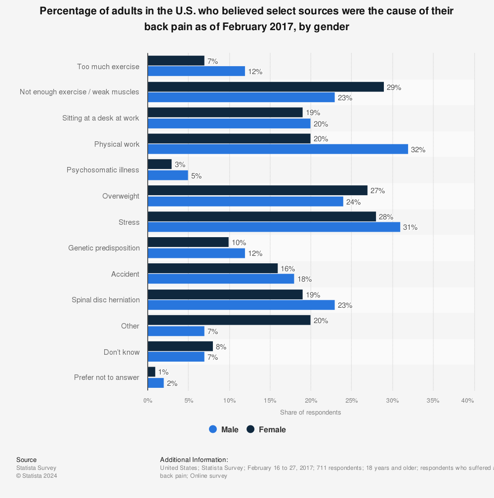 Statistic: Percentage of adults in the U.S. who believed select sources were the cause of their back pain as of February 2017, by gender | Statista