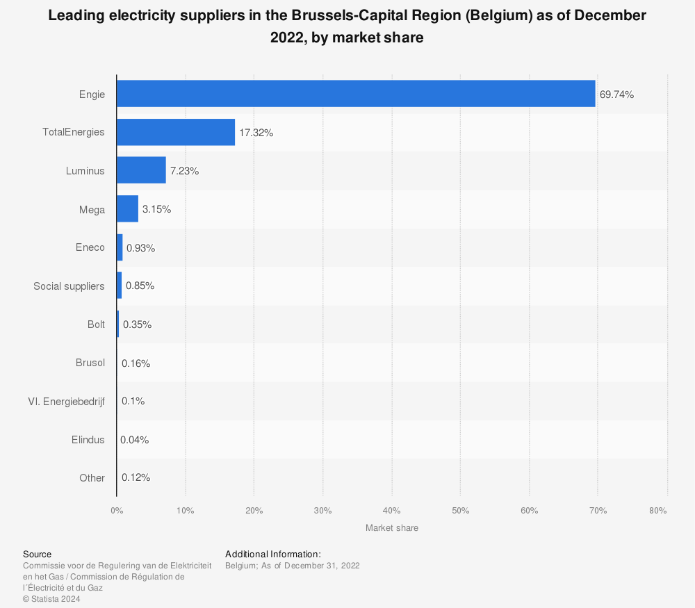 Statistic: Leading electricity suppliers in the Brussels-Capital Region (Belgium) in 2021, by market share | Statista