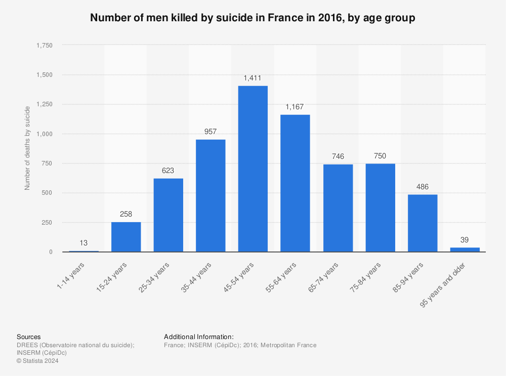Statistic: Number of men killed by suicide in France in 2016, by age group | Statista