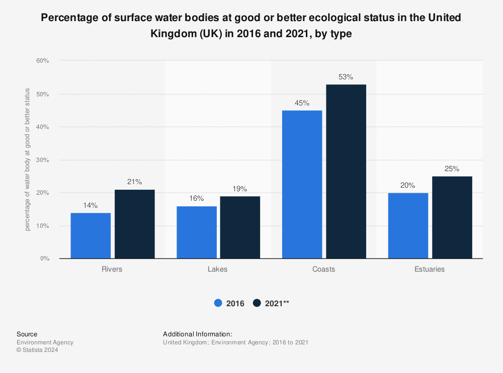 Statistic: Percentage of surface water bodies at good or better ecological status in the United Kingdom (UK) in 2016 and 2021, by type | Statista