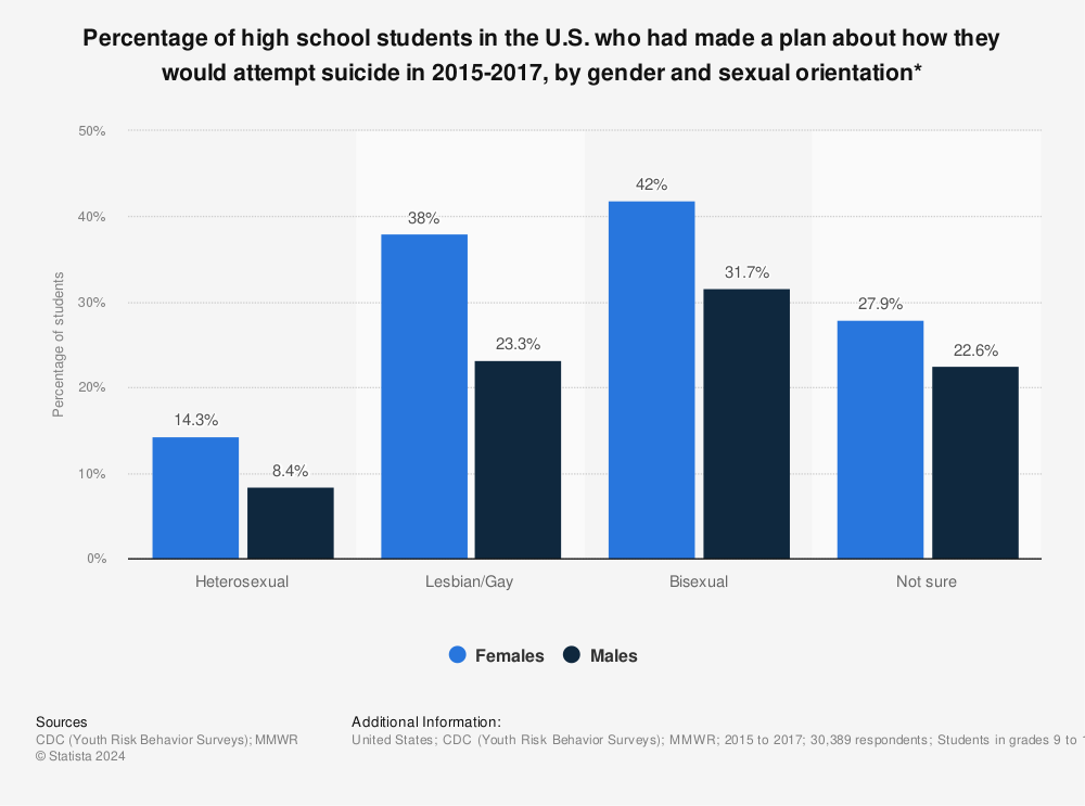 Statistic: Percentage of high school students in the U.S. who had made a plan about how they would attempt suicide in 2015-2017, by gender and sexual orientation* | Statista